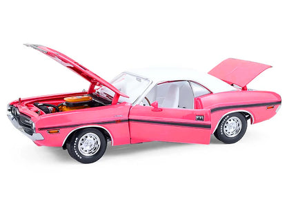 GreenLight 1970 Dodge Challenger R/T 440 Six Pack Panther Pink with Black Stripes White Top and Interior 1/18 Diecast Model Car by <h2>1970 Greenlight</h2> <p>High-quality perfect for collectors enthu