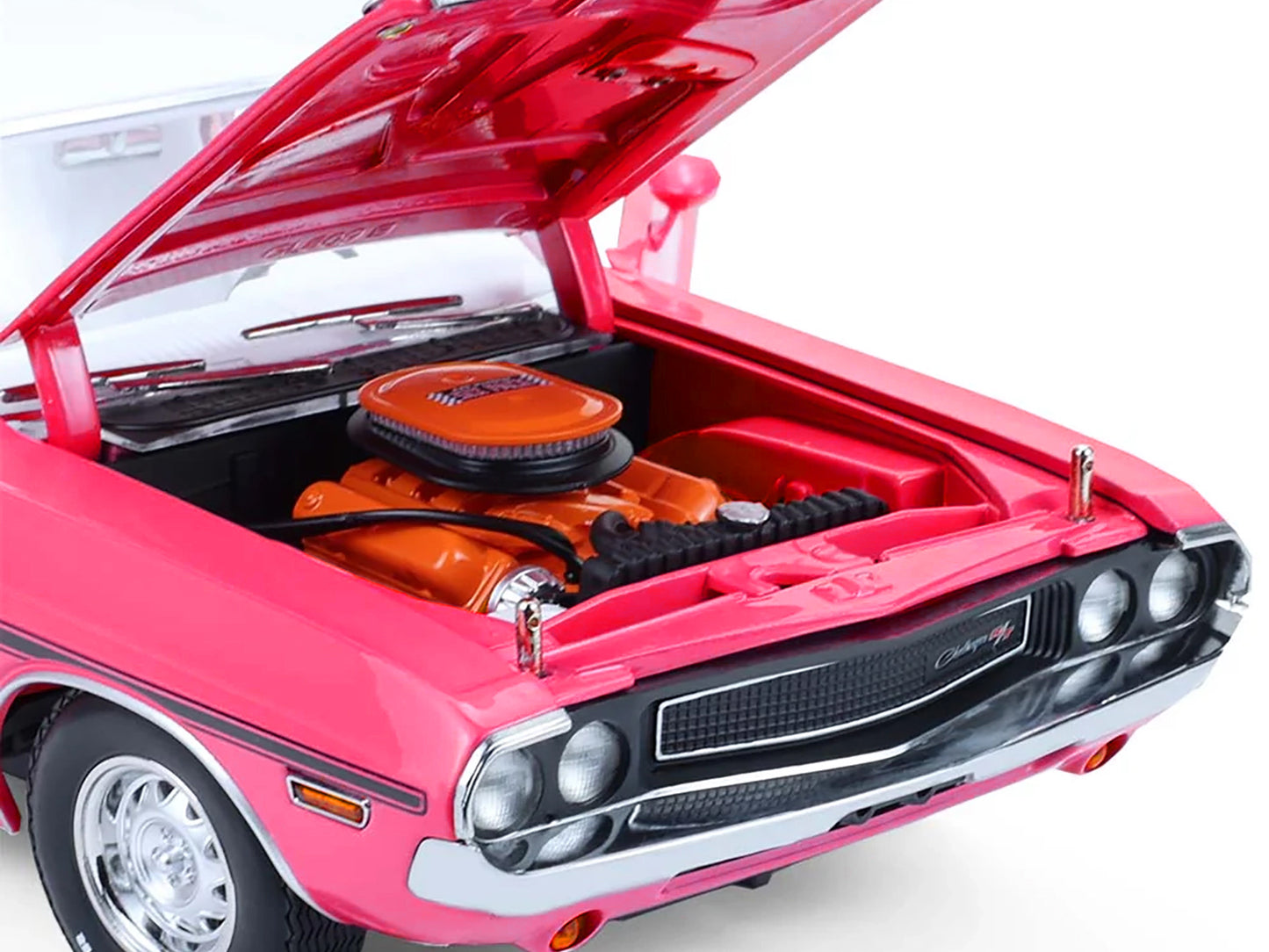 GreenLight 1970 Dodge Challenger R/T 440 Six Pack Panther Pink with Black Stripes White Top and Interior 1/18 Diecast Model Car by <h2>1970 Greenlight</h2> <p>High-quality perfect for collectors enthu