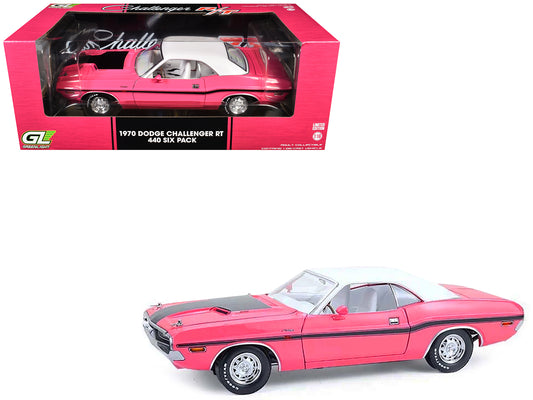 1970 Dodge Challenger R/T 440 Six Pack Panther Pink with Black Stripes White Top and White Interior 1/18 T&y Diecast Model Car by Greenlight