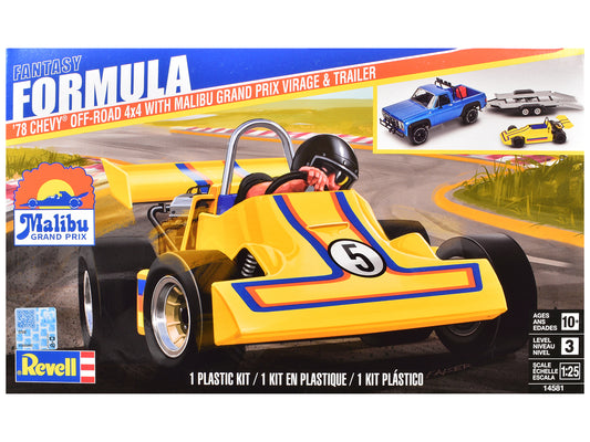 Level 3 Model Kit 1978 Chevrolet Off-Road 4x4 Pickup Truck and "Malibu Grand Prix" Virage with Trailer "Fantasy Formula" 1/25 Scale Model by Revell T&y