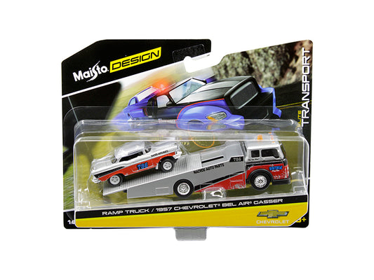 1957 Chevrolet Bel Air Gasser #786 Silver Red Truck 1/64 Diecast Model - Maisto