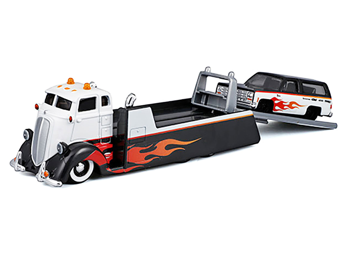 Maisto COE Flatbed Truck White and Black with Flame Graphics 1979 Chevrolet K5 Blazer "Elite Transport" Series 1/64 Diecast Models by <h2>COE Maisto</h2> <p>High-quality model car perfect for collecto