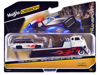 Maisto COE Flatbed Truck White and Black with Flame Graphics 1979 Chevrolet K5 Blazer "Elite Transport" Series 1/64 Diecast Models by <h2>COE Maisto</h2> <p>High-quality model car perfect for collecto