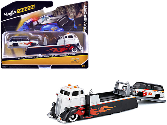 COE Flatbed Truck White and Black with Flame Graphics and 1979 Chevrolet K5 Blazer Black and White with Flame Graphics "Elite Transport" Series 1/64 T&y Diecast Models by Maisto
