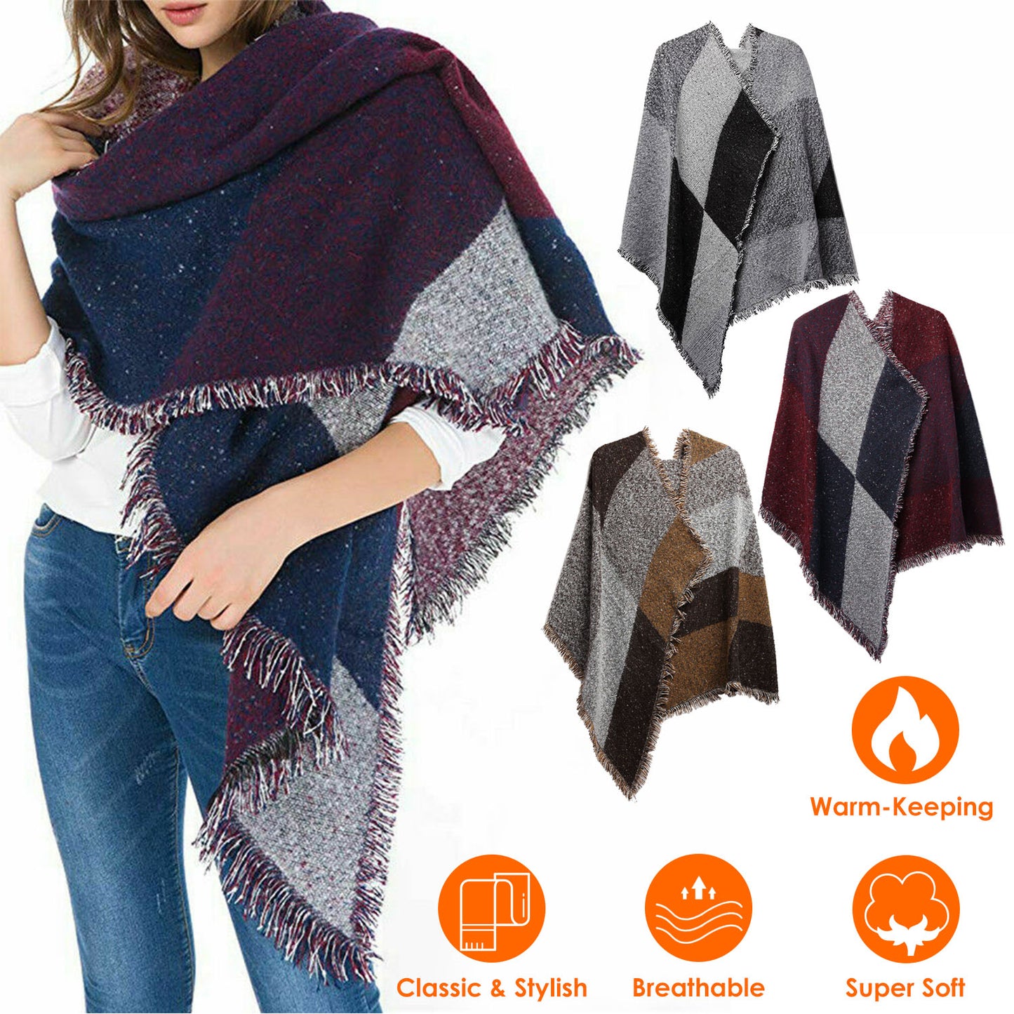 Women Winter Warm Scarf 74.8X25.6In Long Soft Knitted Shawl Extra Thick Plaid B