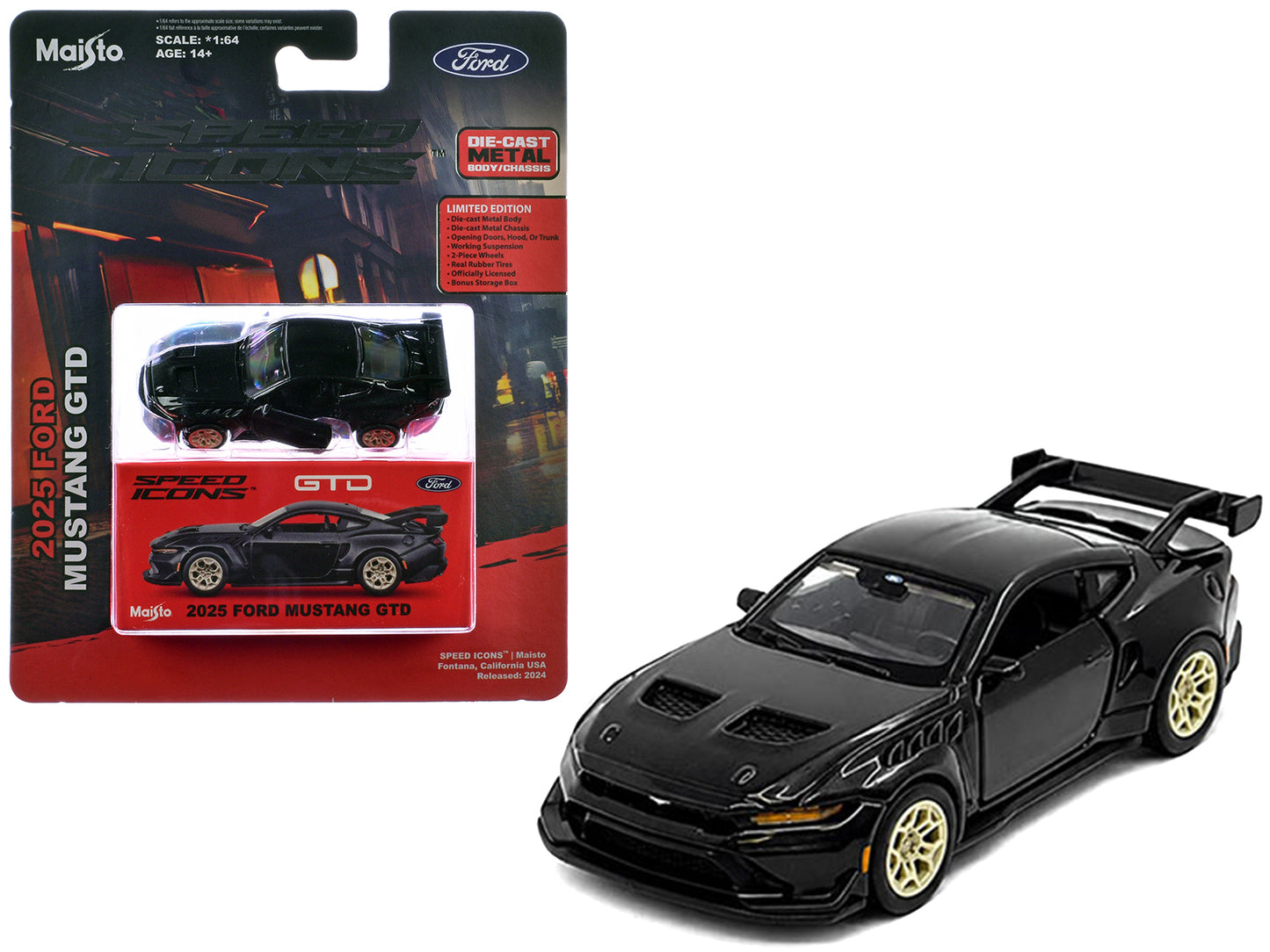 2025 Ford Mustang GTD Black Metallic "Speed Icons" Series 1/64 T&y Diecast Model Car by Maisto
