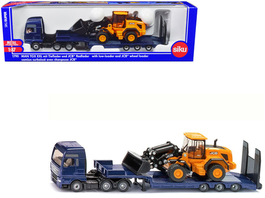 MAN Truck Blue Metallic with Low Loader Trailer and JCB 457 Wheel Loader Yellow 1/87 (HO) T&y Diecast Model by Siku