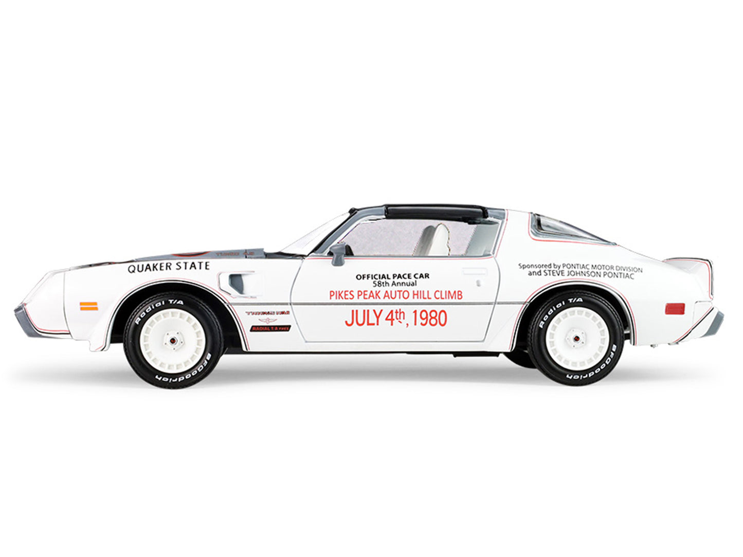 GreenLight 1980 Pontiac Firebird Trans Am T/A "Official Pace Car 58th Annual Pikes Peak Auto Hill Climb" White with Gray Top and Hood Graphics Interior 1/24 Diecast Model by <h2>1980 Greenlight</h2> <