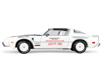 GreenLight 1980 Pontiac Firebird Trans Am T/A "Official Pace Car 58th Annual Pikes Peak Auto Hill Climb" White with Gray Top and Hood Graphics Interior 1/24 Diecast Model by <h2>1980 Greenlight</h2> <