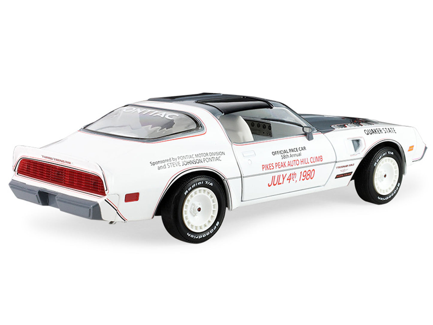 GreenLight 1980 Pontiac Firebird Trans Am T/A "Official Pace Car 58th Annual Pikes Peak Auto Hill Climb" White with Gray Top and Hood Graphics Interior 1/24 Diecast Model by <h2>1980 Greenlight</h2> <