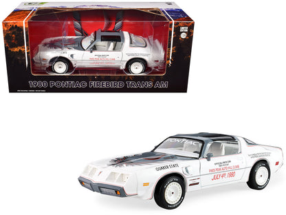 GreenLight 1980 Pontiac Firebird Trans Am T/A "Official Pace Car 58th Annual Pikes Peak Auto Hill Climb" White with Gray Top and Hood Graphics Interior 1/24 Diecast Model by <h2>1980 Greenlight</h2> <