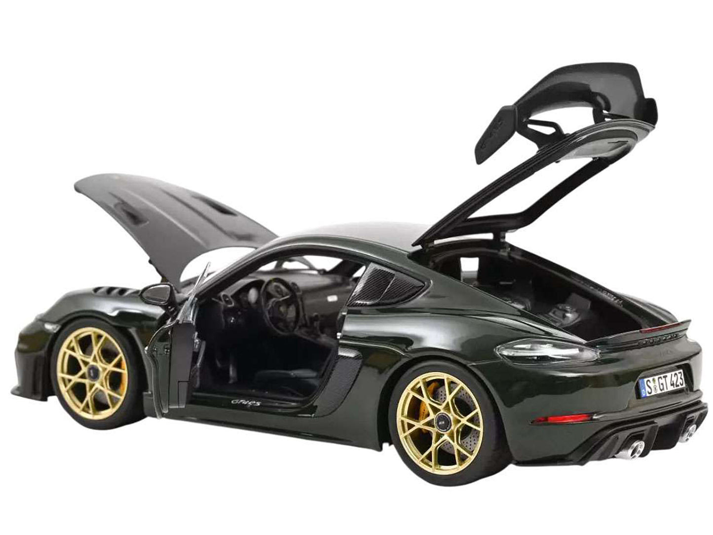 2023 Porsche Cayman GT4 RS Weissach Pack Brewster Green with Carbon Hood 1/18 T&y Diecast Model Car by Norev