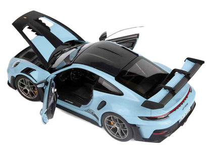 2022 Porsche 911 GT3 RS Weissach Pack Gulf Blue with Carbon Top and Hood Stripes 1/18 T&y Diecast Model Car by Norev