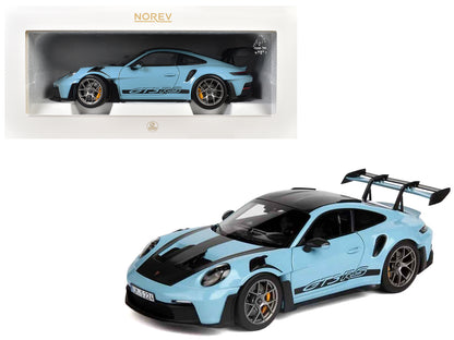 2022 Porsche 911 GT3 RS Weissach Pack Gulf Blue with Carbon Top and Hood Stripes 1/18 T&y Diecast Model Car by Norev