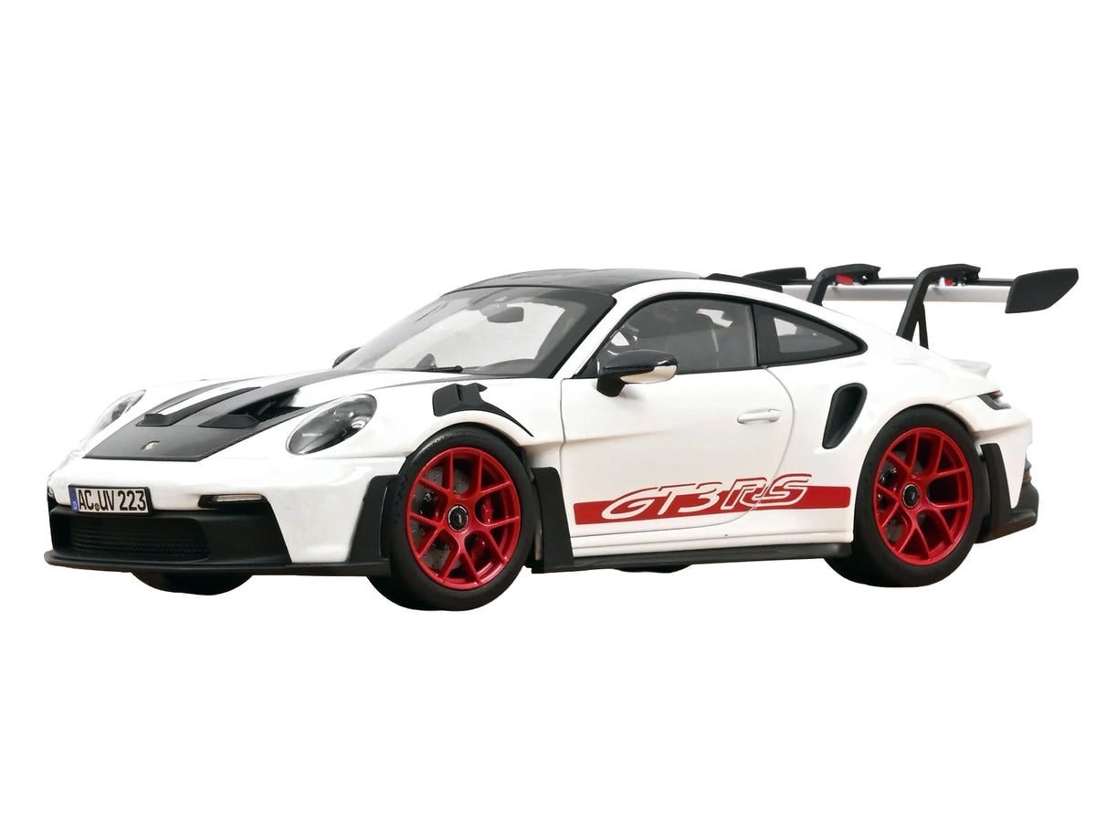 2022 Porsche 911 GT3 RS Weissach Pack Carbon Hood Top Pyro Stripes Wheels 1/18