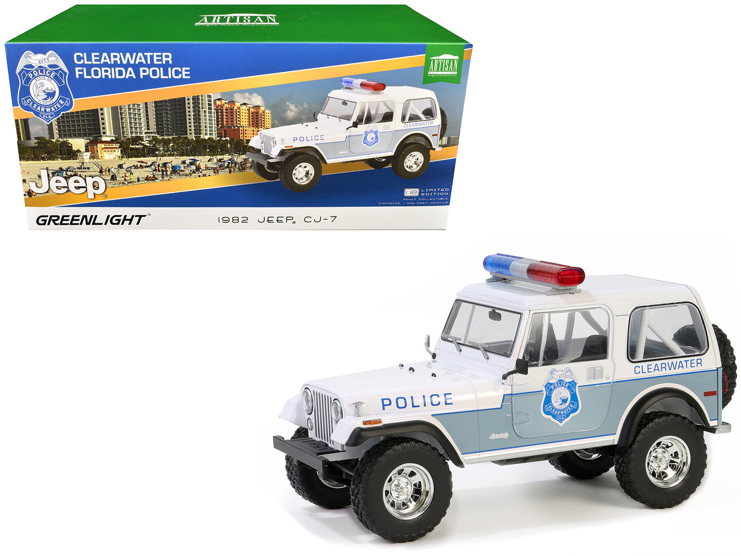 GreenLight 1982 Jeep CJ-7 "Clearwater Florida Police Department" White and Light Blue "Artisan Collection" Series 1/18 Diecast Model Car by <h2>1982 Greenlight</h2> <p>High-quality perfect for collect