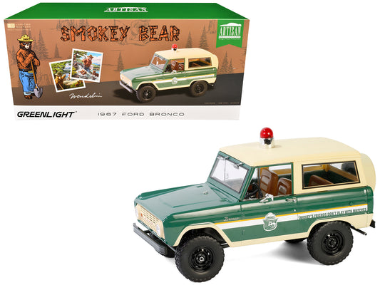 1967 Ford Bronco "Smokey Bear Forest Ranger" Green and Cream with White Stripes "Artisan Collection" 1/18 T&y Diecast Model Car by Greenlight
