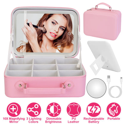 Travel Makeup Bag With 3 Light Colors Dimmable Brightness Led Mirror Detachable