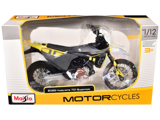 2023 Husqvarna 701 Supermoto Motorcycle Matt Black and Gray with Yellow and White Accents 1/12 T&y Diecast Motorcycle Model by Maisto