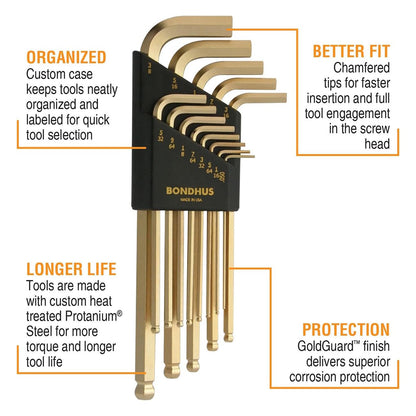 Bondhus GoldGuard Plated Balldriver Metric/SAE Ball End HEX L-Keys Double Set (22 Piece)