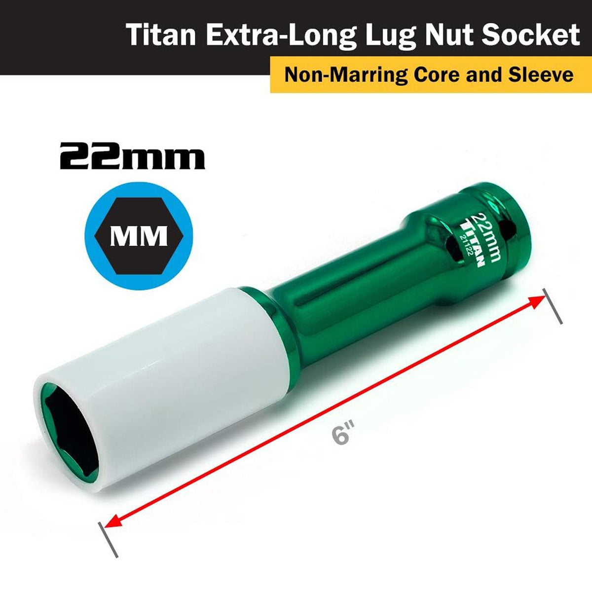 Titan 1/2" Impact Drive x 22mm Non-Maring Extra-Long Lug Nut Socket