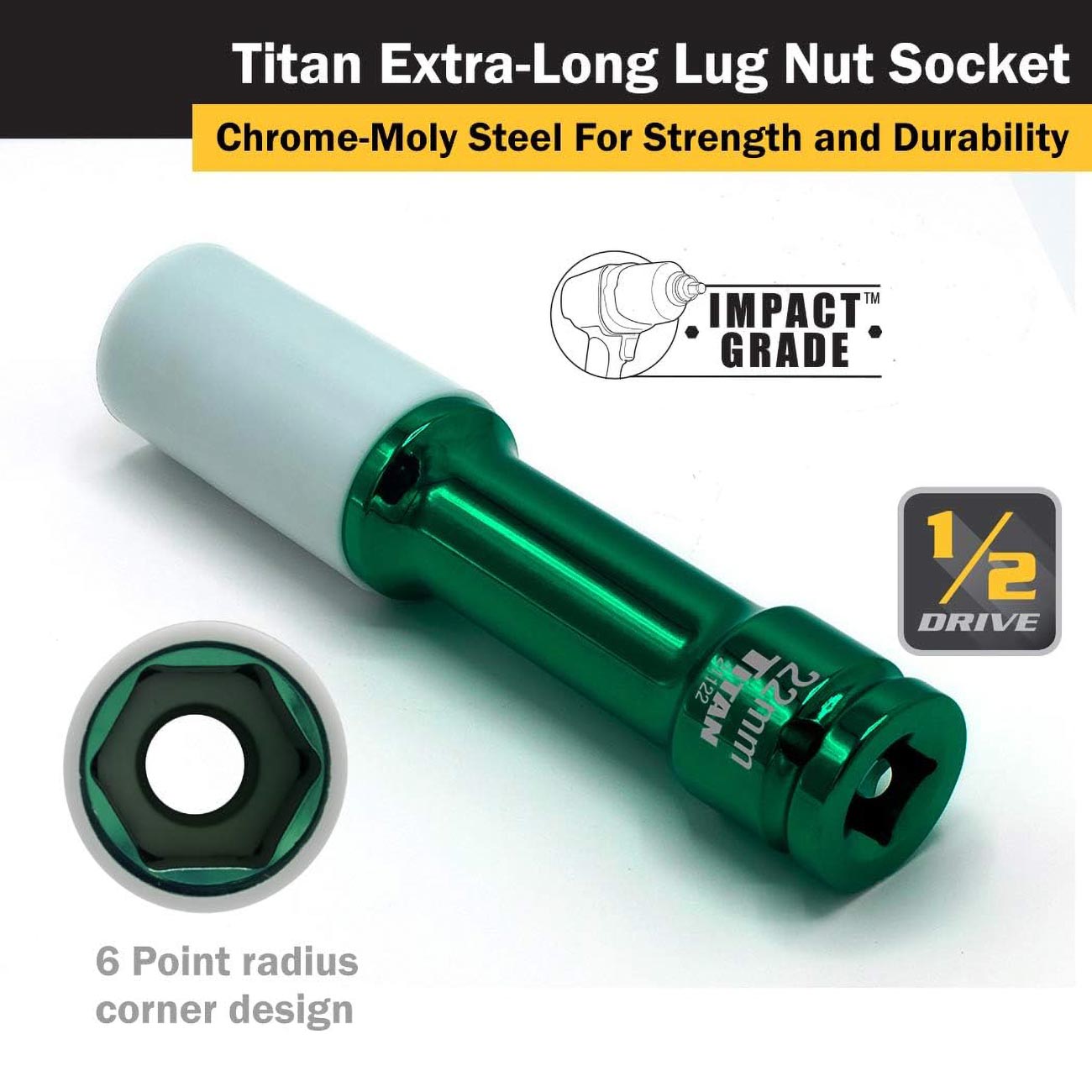 Titan 1/2" Impact Drive x 22mm Non-Maring Extra-Long Lug Nut Socket