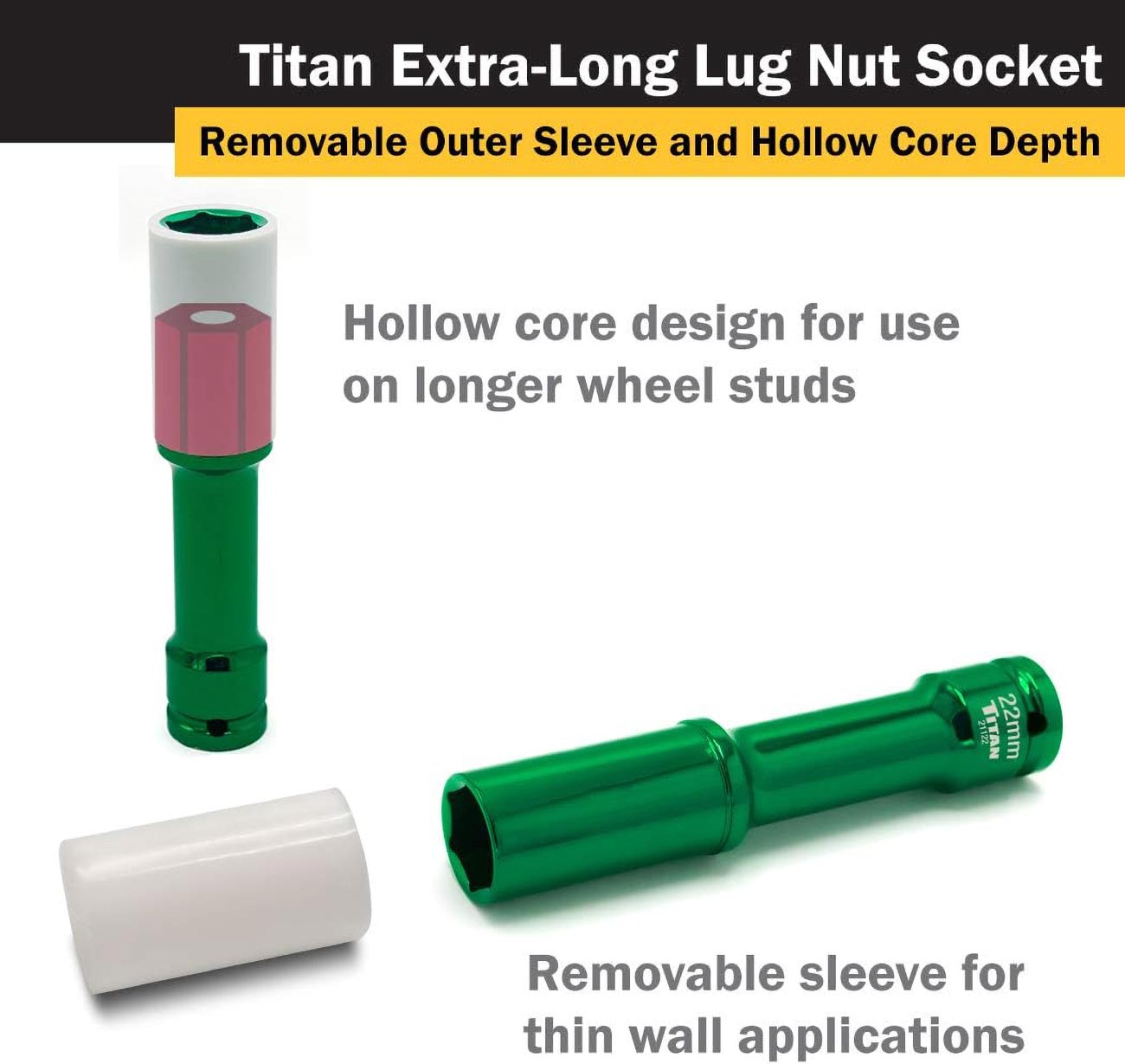 Titan 1/2" Impact Drive x 22mm Non-Maring Extra-Long Lug Nut Socket