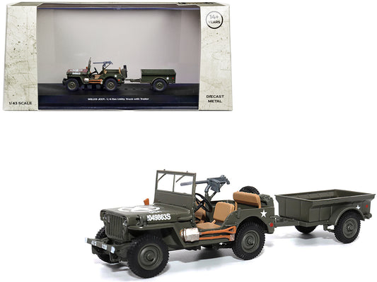 Willys Jeep 1/4-Ton Utility Truck Olive Drab with Trailer "United States Army" 1/43 T&y Diecast Model by Militaria Die Cast