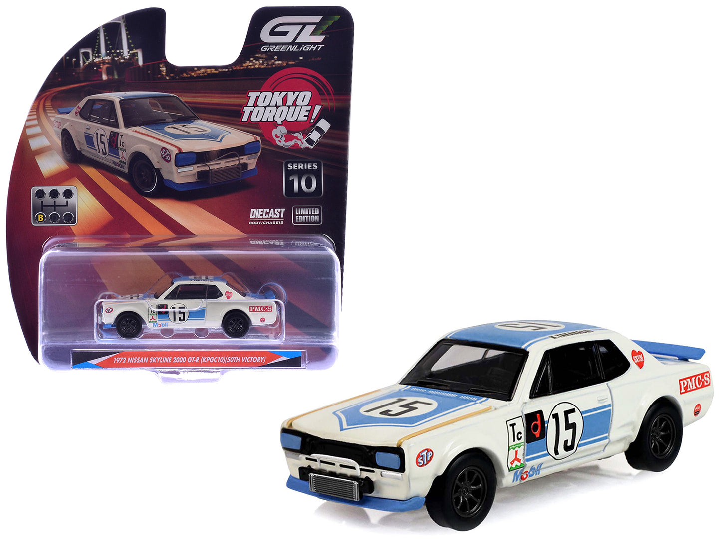 1972 Nissan Skyline 2000 GT-R (KPGC10) RHD (Right Hand Drive) #15 Kunimitsu Takahashi "50th Victory" White with Blue Stripe "Tokyo Torque" Series 10 1/64 T&y Diecast Model Car by Greenlight