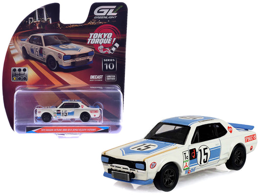 1972 Nissan Skyline 2000 GT-R (KPGC10) RHD (Right Hand Drive) #15 Kunimitsu Takahashi "50th Victory" White with Blue Stripe "Tokyo Torque" Series 10 1/64 T&y Diecast Model Car by Greenlight