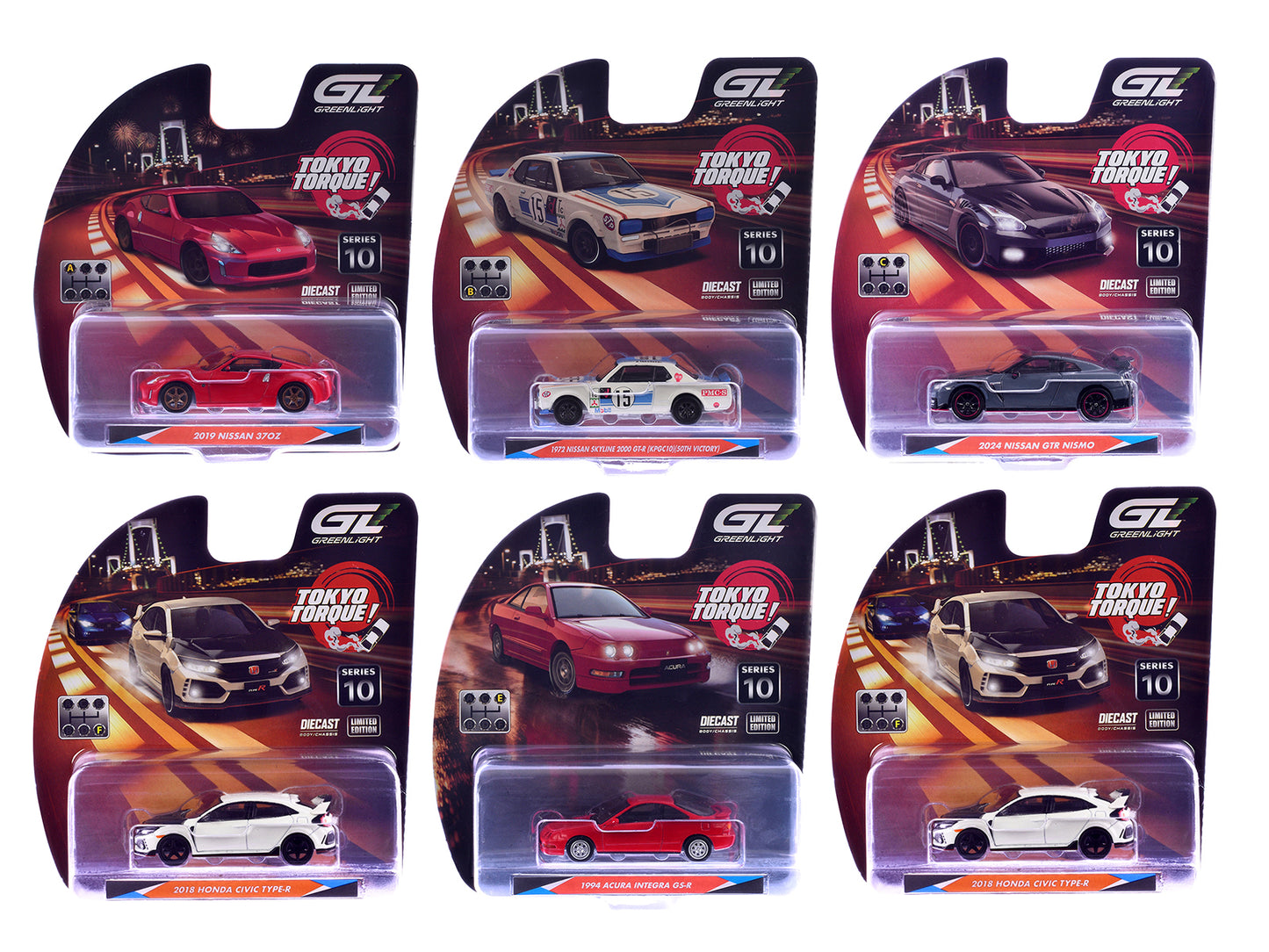 "Tokyo Torque" Series 10 Set of 6 pieces 1/64 T&y Diecast Model Cars by Greenlight