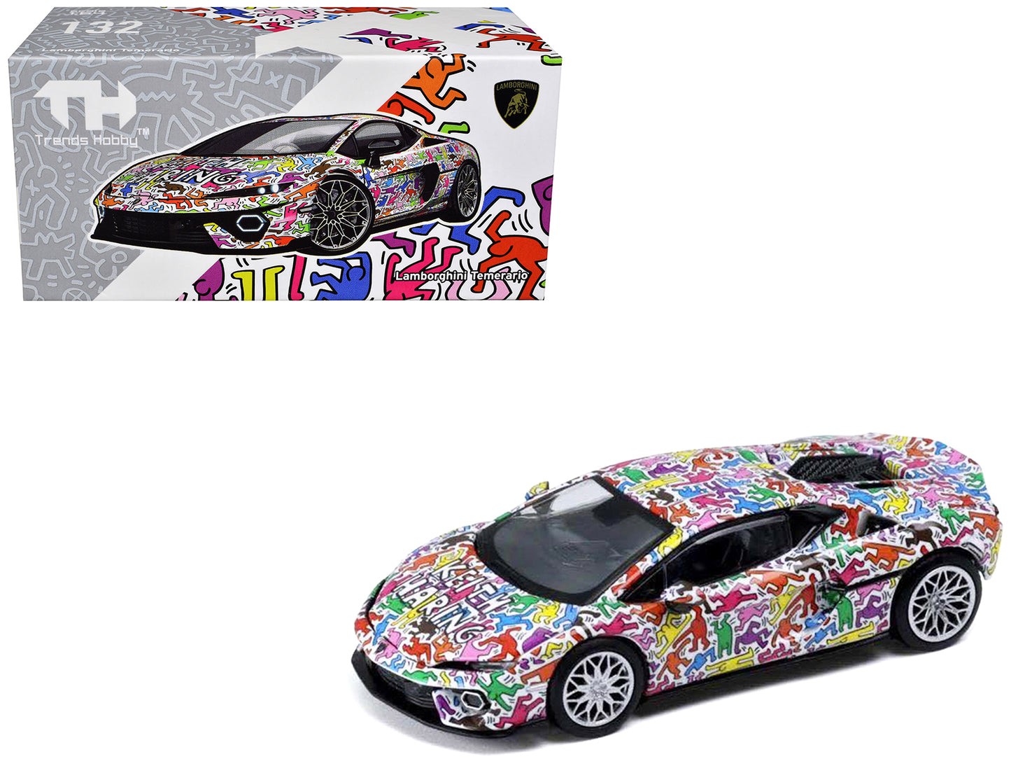 Lamborghini Temerario "Keith Haring Livery" White with Graphics 1/64 T&y Diecast Model car by Trends Hobby