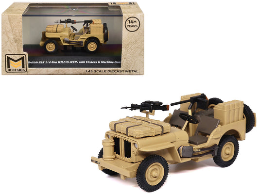 British SAS 1/4-Ton Willys Jeep with Vickers K Machine Gun Desert Sand "British Royal Army" 1/43 T&y Diecast Model by Militaria Die Cast