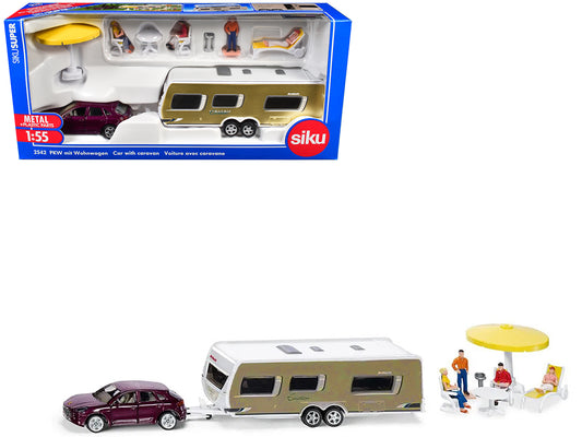 Porsche Macan Turbo Maroon Metallic and Dethleffs Exclusiv Emotion Caravan with Figures and Camp Accessories Set 1/55 T&y Diecast Model by Siku