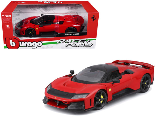 Ferrari F80 Red with Black Top "Race + Play" Series 1/24 T&y Diecast Model Car by Bburago