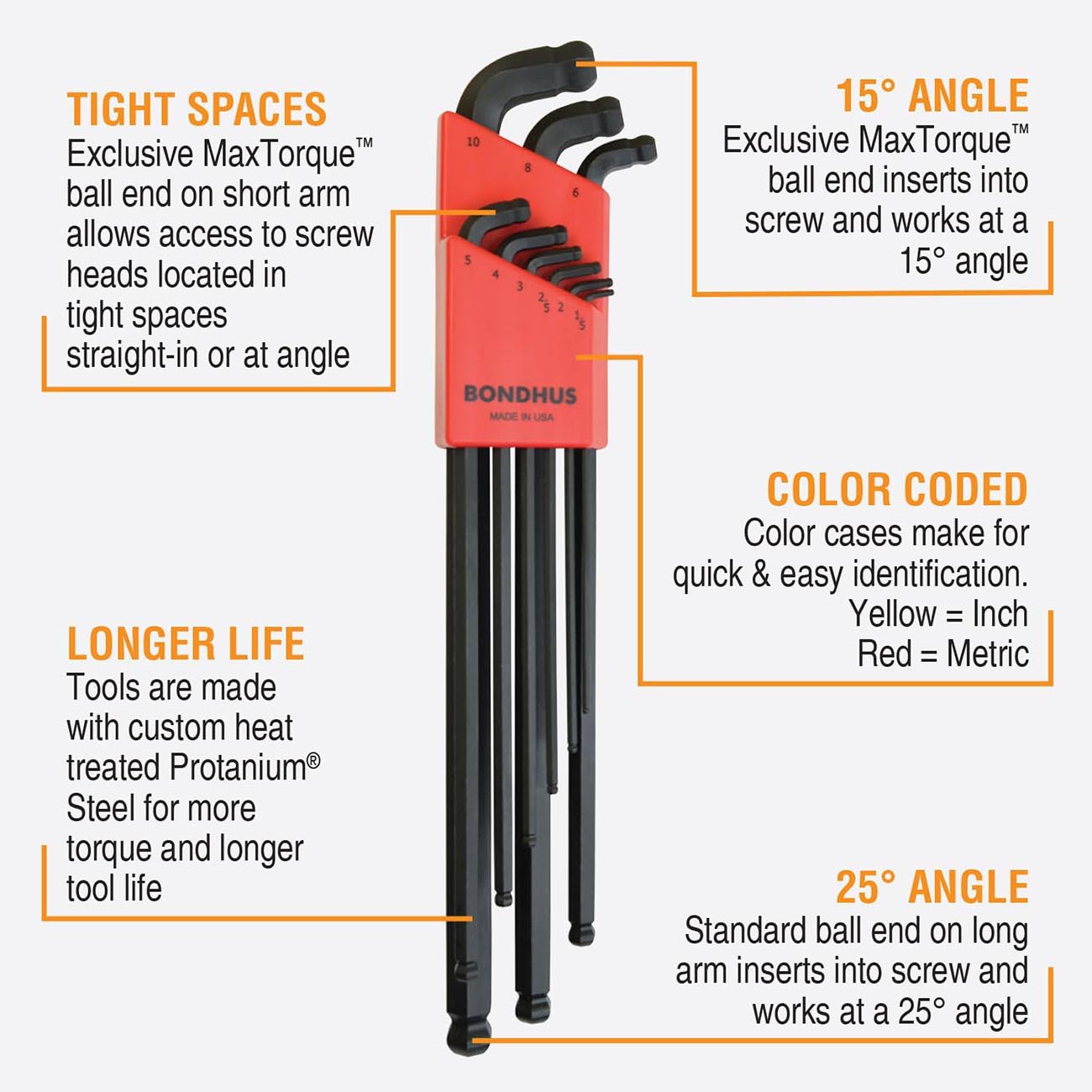 Bondhus Stubby Metric/SAE MaxTorque™ Double Ball End HEX Long L-Keys Double Set (22 Piece)