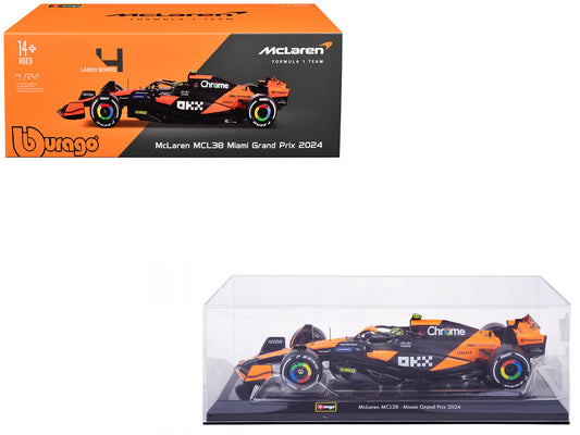 McLaren MCL38 #4 Lando Norris "OKX" Winner Formula One F1 "Miami GP" (2024) with Display Case 1/24 T&y Diecast Model Car by Bburago