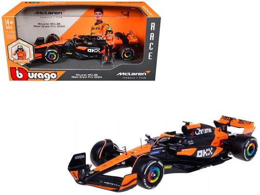McLaren MCL38 #4 Lando Norris "OKX" Winner Formula One F1 "Miami GP" (2024) with Driver Figure "Race" Series 1/24 T&y Diecast Model Car by Bburago