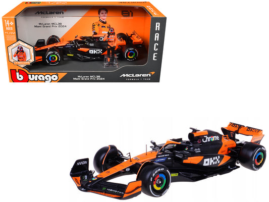 McLaren MCL38 #81 Oscar Piastri "OKX" Formula One F1 "Miami GP" (2024) with Driver Figure "Race" Series 1/24 T&y Diecast Model Car by Bburago