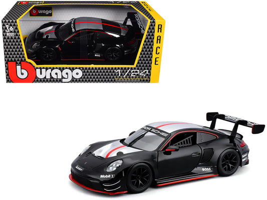Porsche 911 GT3 R Black with Silver Hood and Top and Red Stripe "Race" Series 1/24 T&y Diecast Model Car by Bburago