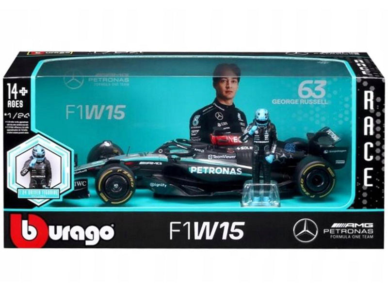 Mercedes-AMG F1 W15 E Performance #63 George Russell "Petronas" Formula One F1 Championship World Championship (2024) with Driver Figure 1/24 T&y Diecast Model Car by Bburago
