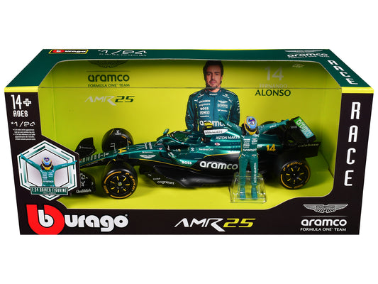 Aston Martin AMR25 #14 Fernando Alonso "Aramco" Formula One F1 "World Championship" (2025) with Driver Figure 1/24 Diecast Model Car by Bburago