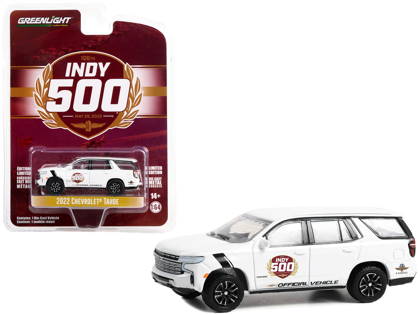 GreenLight 2022 Chevrolet Tahoe White "106th Running of the Indianapolis 500 Official Vehicle" (2022) "Anniversary Collection" Series 15 1/64 Diecast Model Car by <h2>2022 Greenlight</h2> <p>High-qual