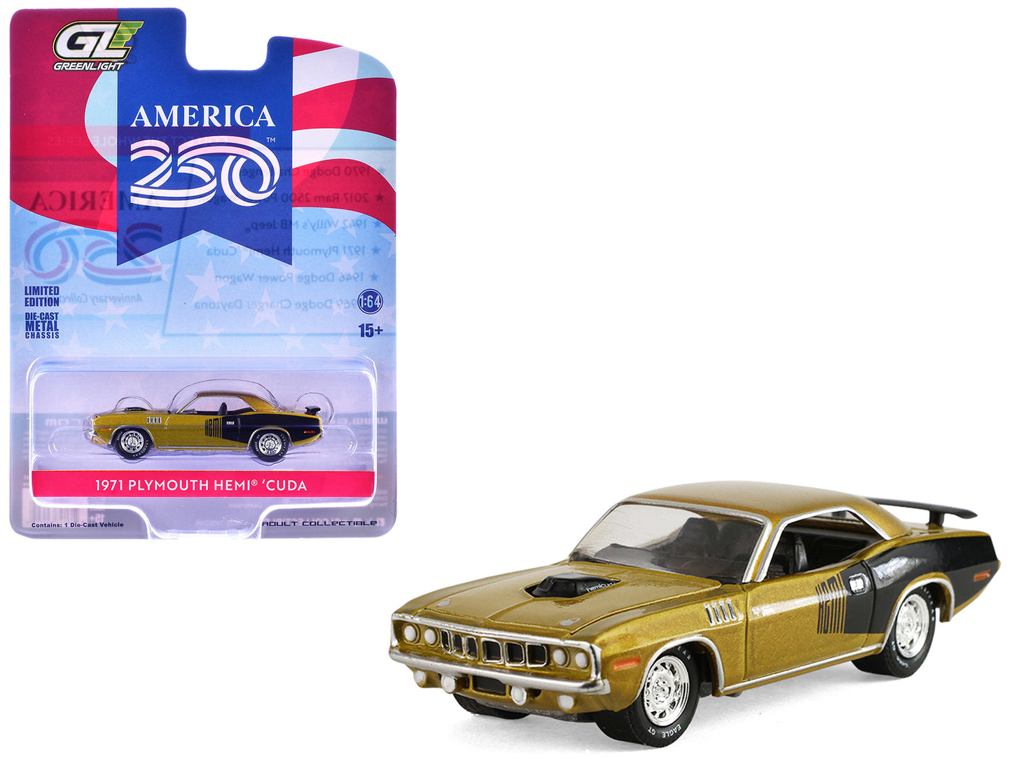 1971 Plymouth Hemi ‘Cuda Gold Metallic with Black Accents "America 250 Edition" "Anniversary Collection" Series 18 1/64 T&y Diecast Model Car by Greenlight