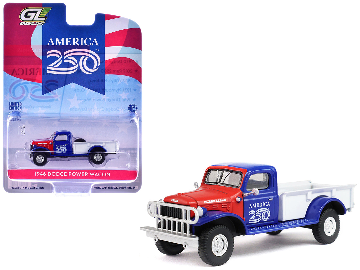 1946 Dodge Power Wagon Pickup Truck Red White and Blue "America 250 Edition" "Anniversary Collection" Series 18 1/64 T&y Diecast Model Car by Greenlight