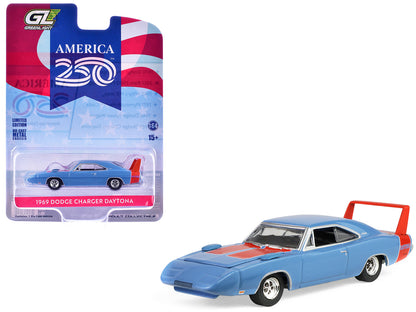 1969 Dodge Charger Daytona Blue with Red Stripes "America 250 Edition" "Anniversary Collection" Series 18 1/64 T&y Diecast Model Car by Greenlight