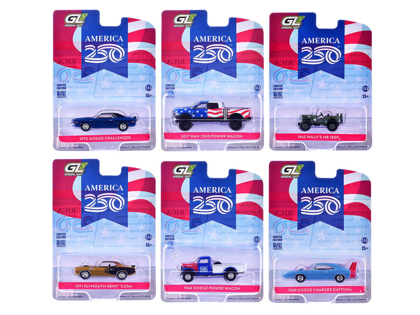 "Anniversary Collection" Series 18 Set of 6 pieces "America 250 Edition" 1/64 T&y Diecast Model Cars by Greenlight
