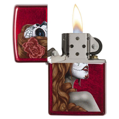 Zippo Windproof Lighter Day Of Dead L&M Girl Candy Apple Red Translucent Finish