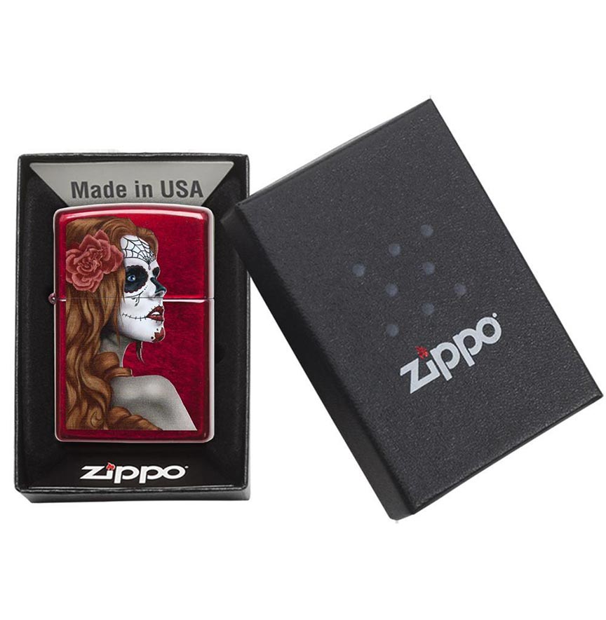 Zippo Windproof Lighter Day Of Dead L&M Girl Candy Apple Red Translucent Finish