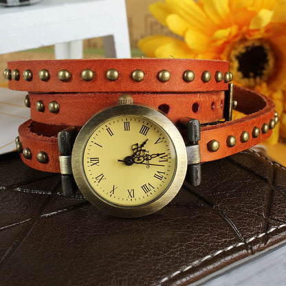 Fashionable Rivet Leather Belt Retro Watch Hand Chain-Orangered Durab